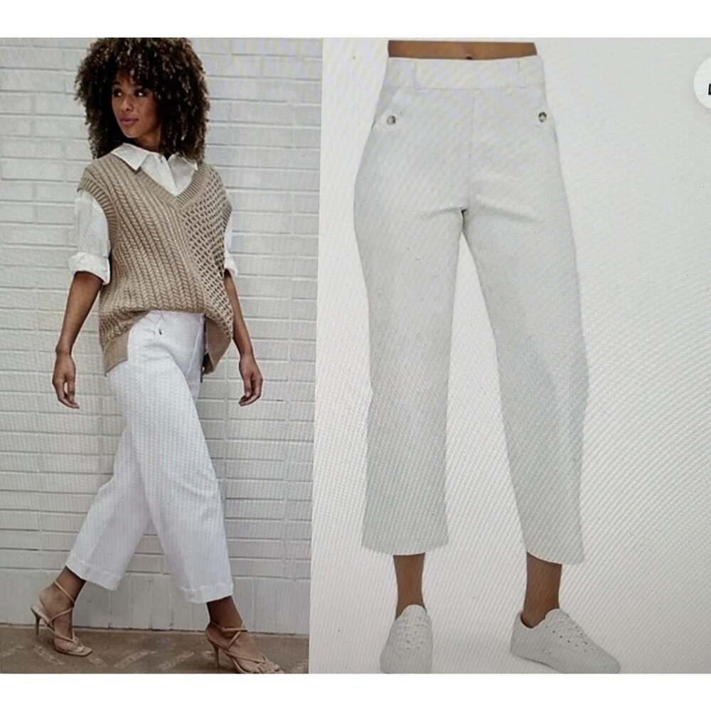 Spanx Womens Bright White Stretch Twill Cropped Wide-Leg Pants L/G New With Tags